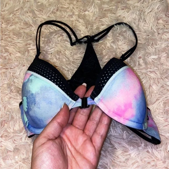 Victoria’s Secret Pink Watercolor Strappy Mesh Push Up Bra- 34B RARE - Picture 3 of 7